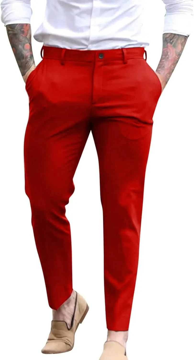 Mens Slim Fit Dress Pants Expandable Waist Casual Business Office Work Skinny Pants Comfy Flat-Front Stretch Chino Golf Trousers Slacks Tapered Leg Suit Pants Pantalones de Vestir para Hombre