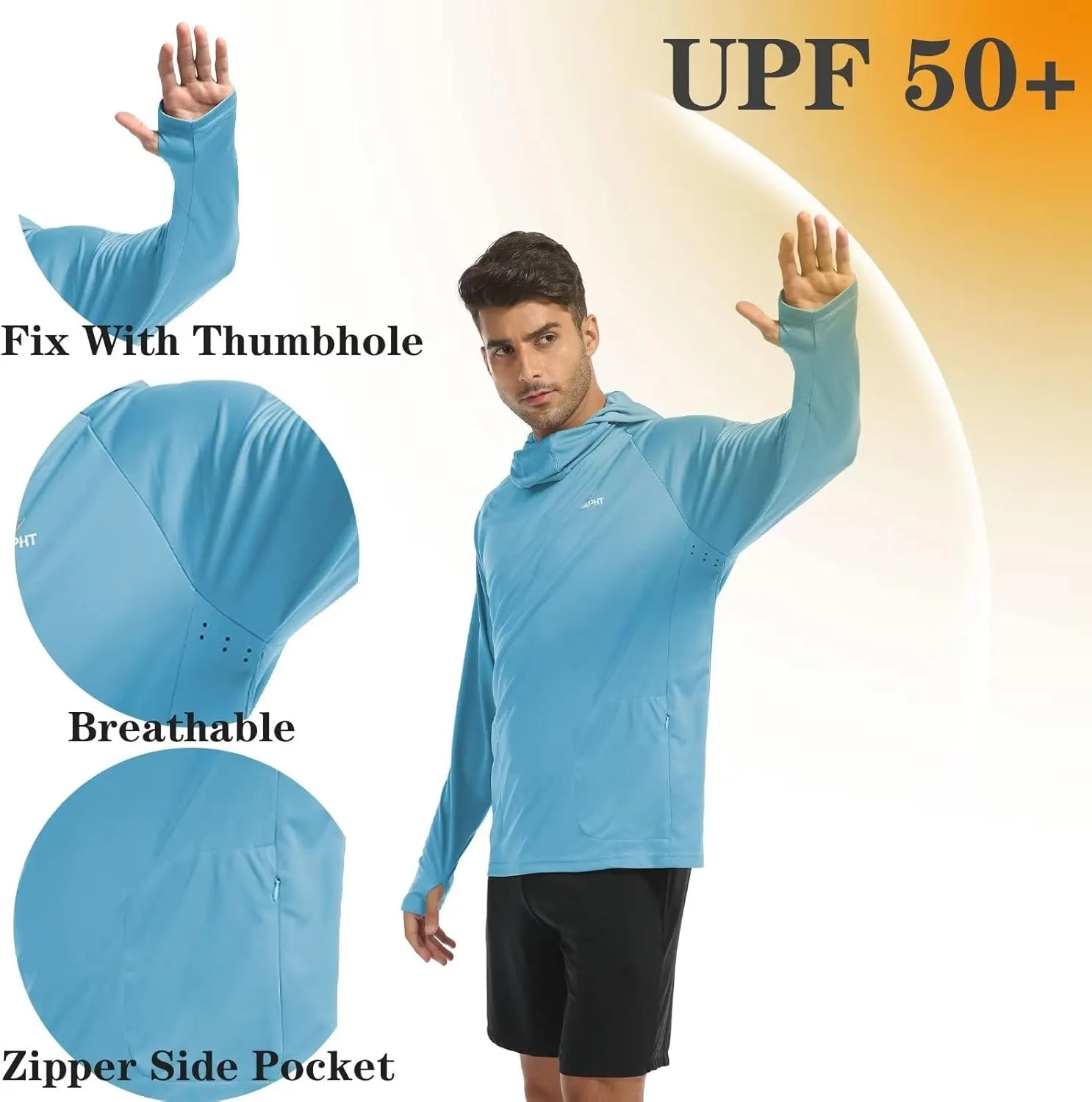 Mens Sun Shirt with Hood and Mask Long Sleeve SPF UV Hoodie Face Cover Neck Gaiter Zipper Pocket for Hiking Fishing