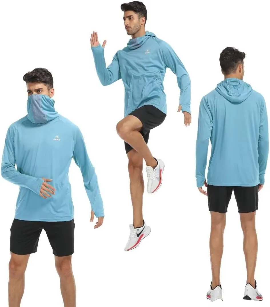 Mens Sun Shirt with Hood and Mask Long Sleeve SPF UV Hoodie Face Cover Neck Gaiter Zipper Pocket for Hiking Fishing