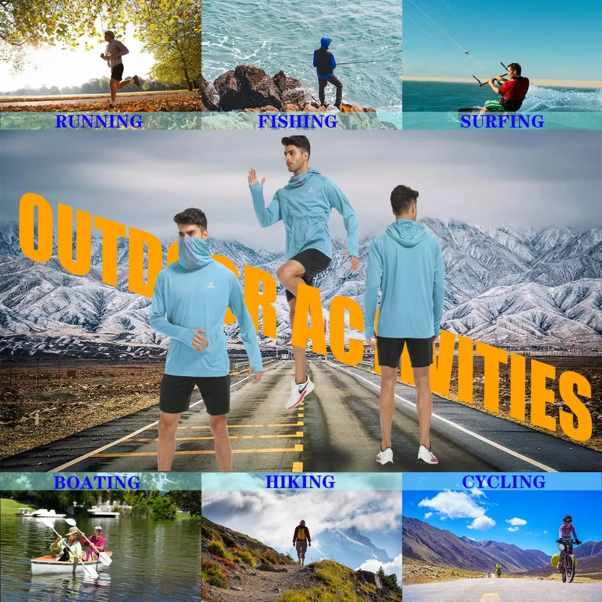 Mens Sun Shirt with Hood and Mask Long Sleeve SPF UV Hoodie Face Cover Neck Gaiter Zipper Pocket for Hiking Fishing