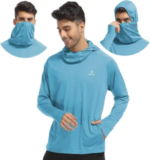 Mens Sun Shirt with Hood and Mask Long Sleeve SPF UV Hoodie Face Cover Neck Gaiter Zipper Pocket for Hiking Fishing
