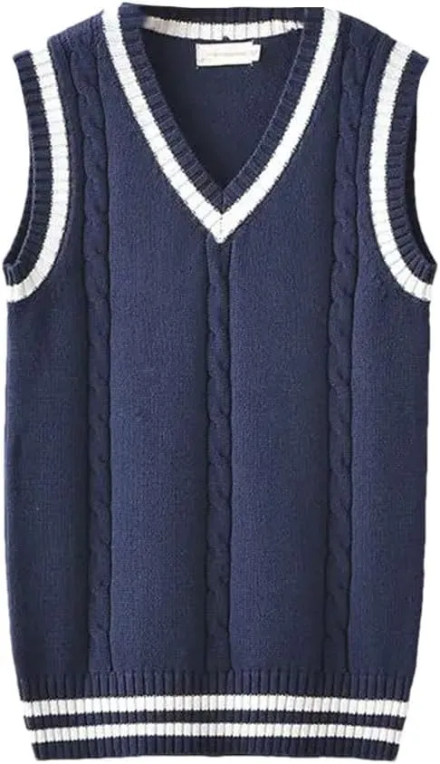 Men's Sweater Vest Thickened V-Neck Sleeveless Knitted Sweater Vest Striped Retro College Style Loose Versatile Vest