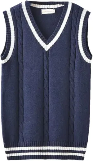 Men's Sweater Vest Thickened V-Neck Sleeveless Knitted Sweater Vest Striped Retro College Style Loose Versatile Vest