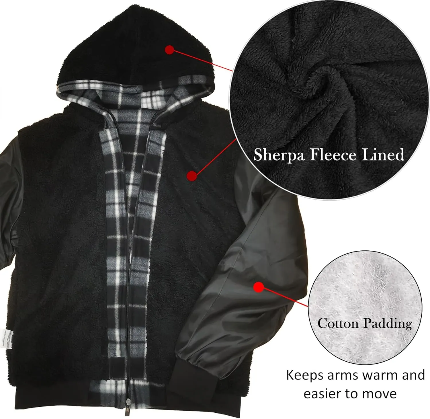 Men's Zip Up Fashion Hoodies Fleece Sherpa Lined Winter Warm Sweatshirt Plaid Flannel Hooded
