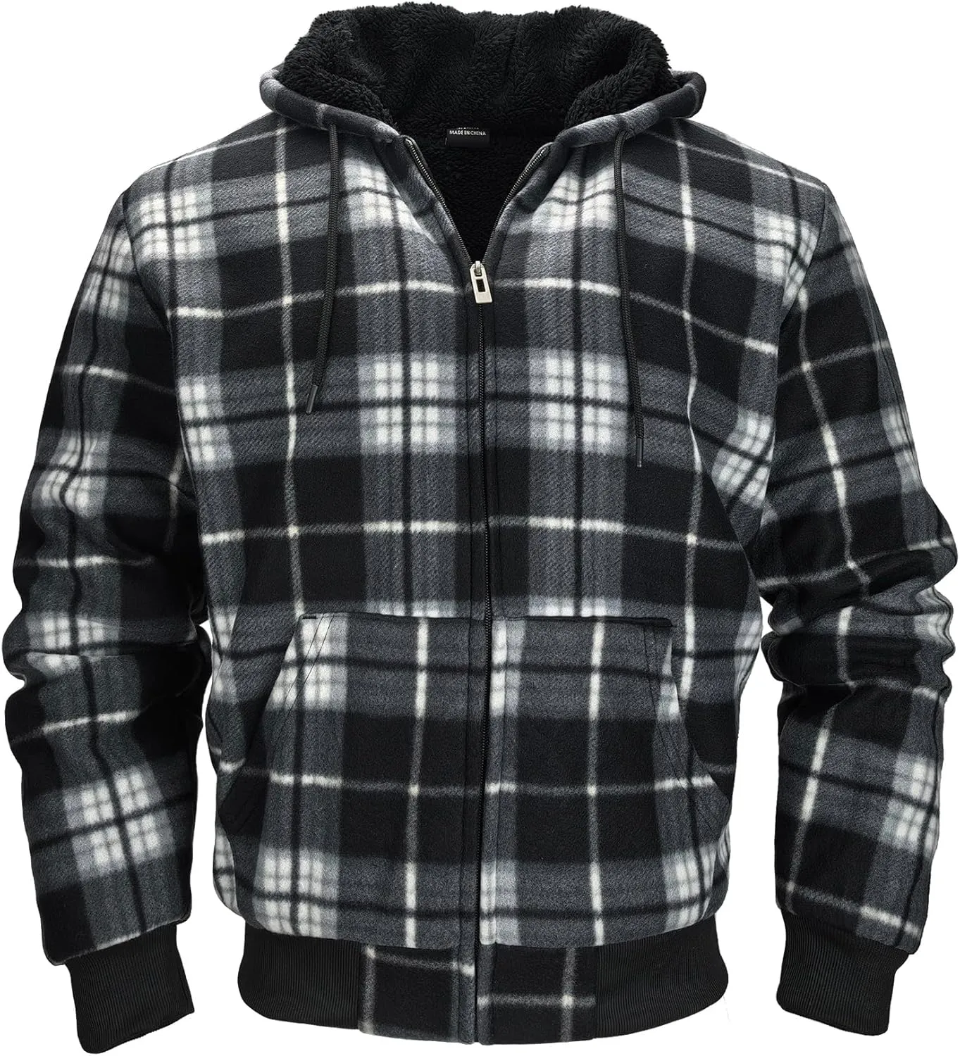 Men's Zip Up Fashion Hoodies Fleece Sherpa Lined Winter Warm Sweatshirt Plaid Flannel Hooded