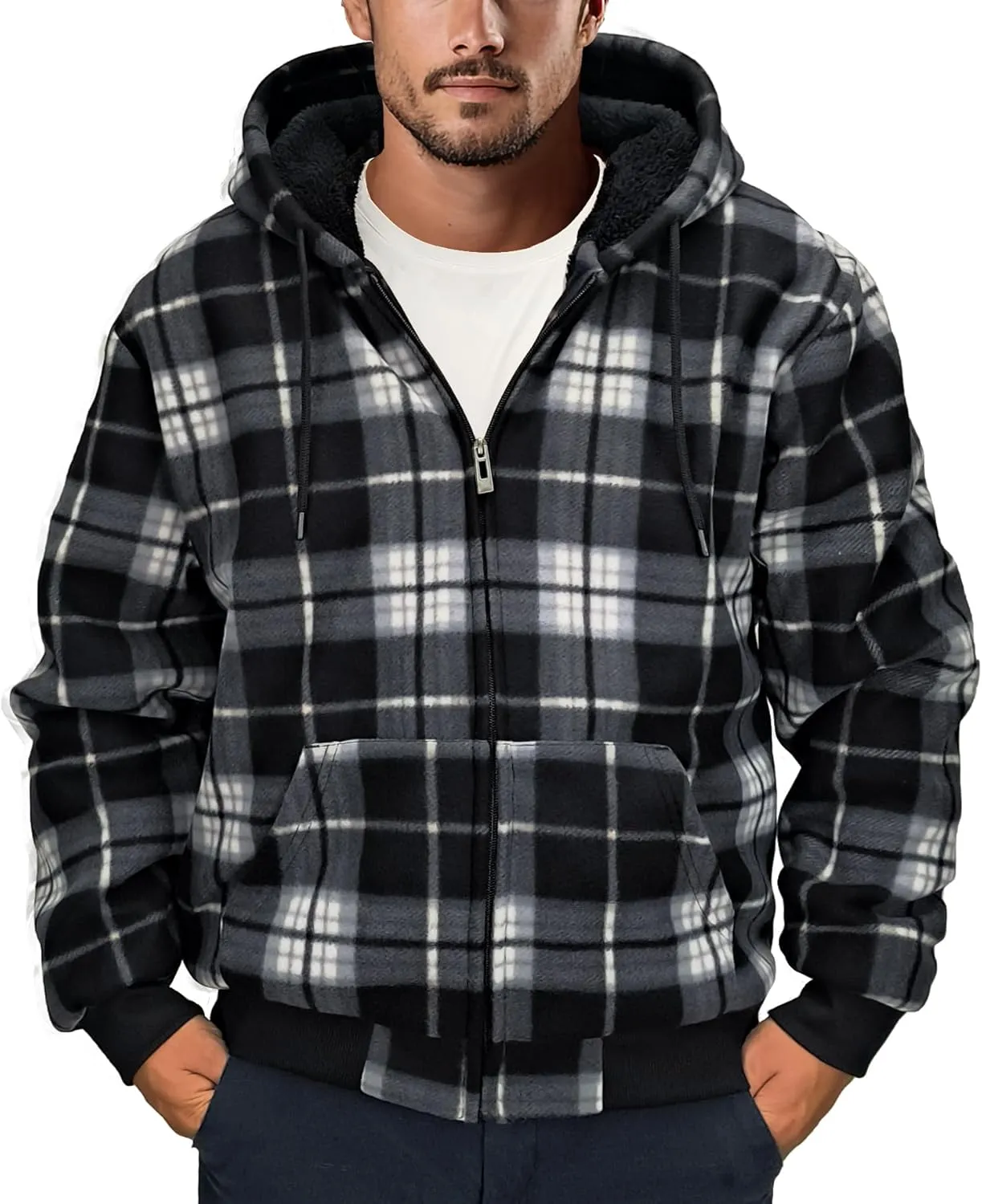 Men's Zip Up Fashion Hoodies Fleece Sherpa Lined Winter Warm Sweatshirt Plaid Flannel Hooded