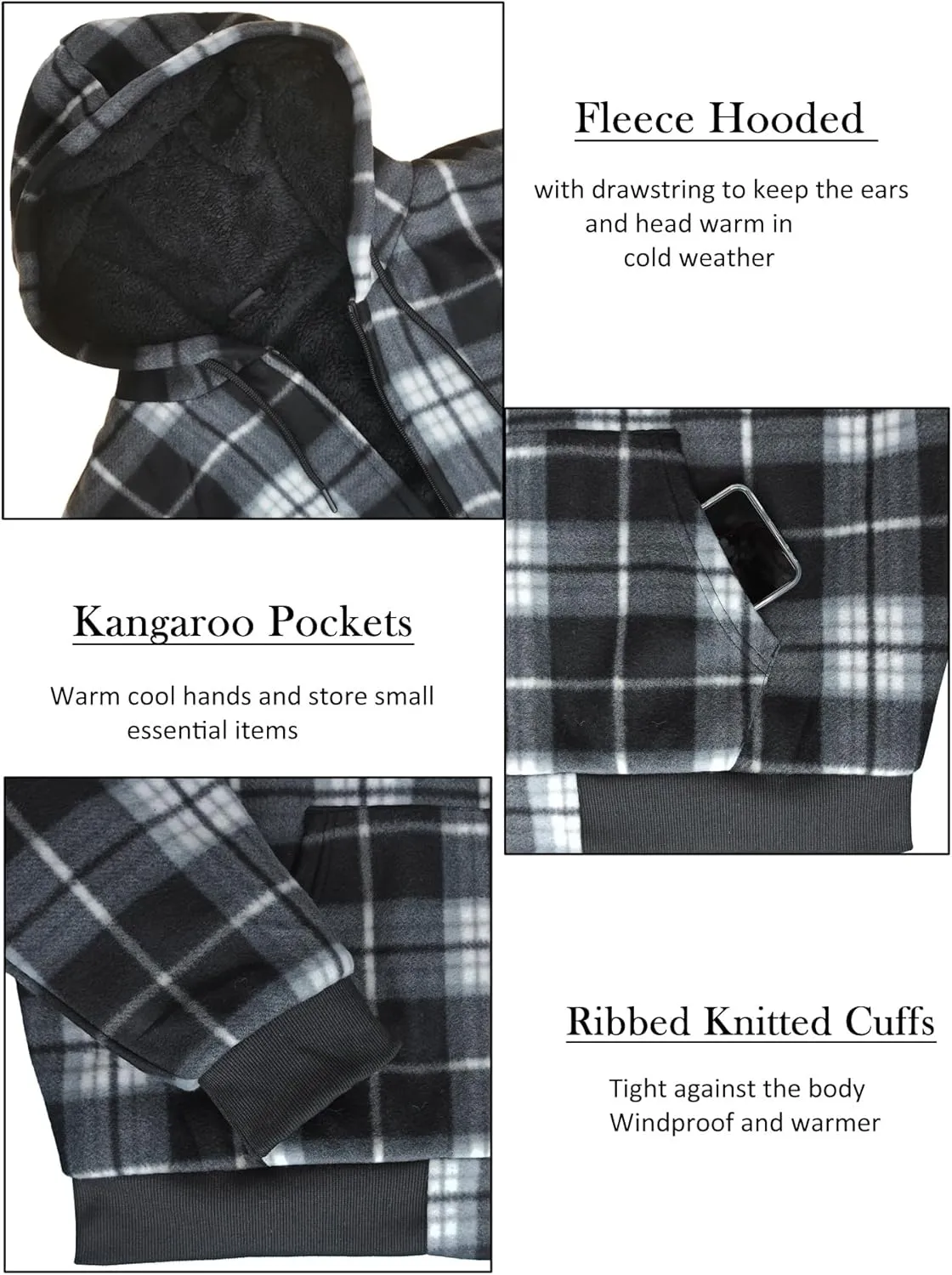 Men's Zip Up Fashion Hoodies Fleece Sherpa Lined Winter Warm Sweatshirt Plaid Flannel Hooded