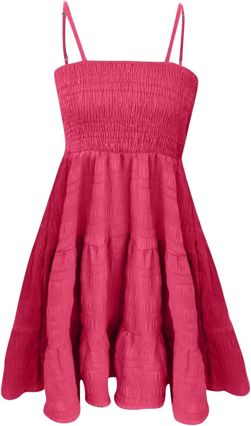 Mini Sundresses for Women Smocked Spaghetti Strap Skater Dress Summer Loose Ruffle Boho Cami Boho Dress