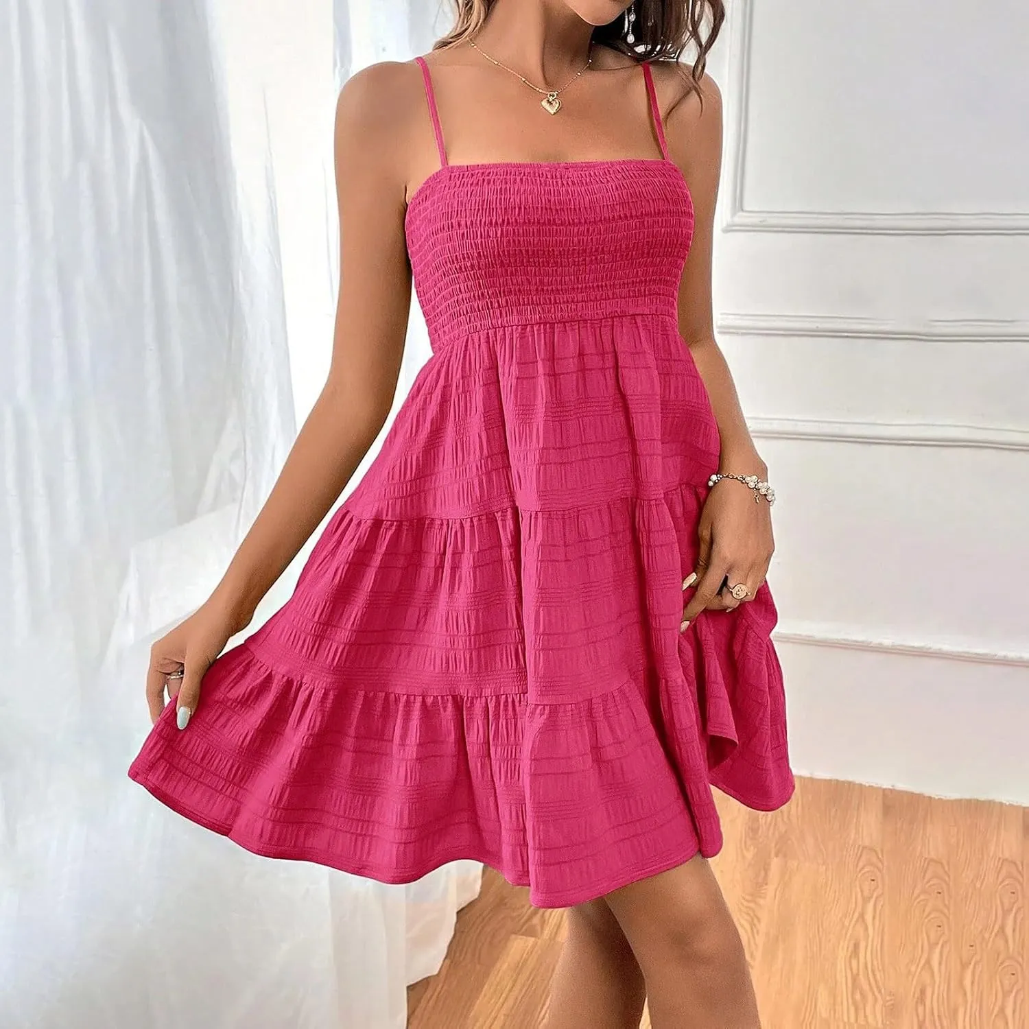Mini Sundresses for Women Smocked Spaghetti Strap Skater Dress Summer Loose Ruffle Boho Cami Boho Dress