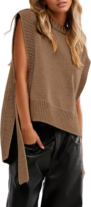 MISSACTIVER Women Oversized Round Neck Sleeveless Sweater Vest Knit High Low Hem Side Tie Solid Color Pullover Tank Tops