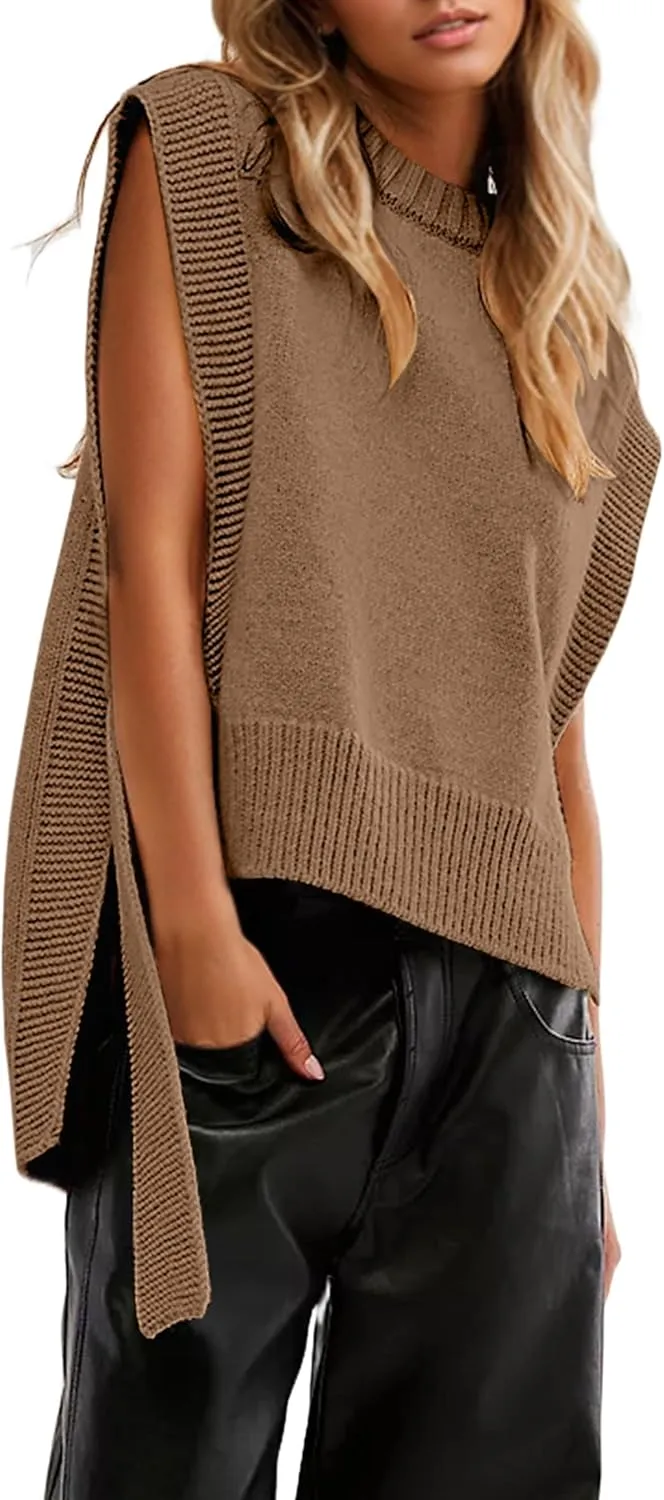 MISSACTIVER Women Oversized Round Neck Sleeveless Sweater Vest Knit High Low Hem Side Tie Solid Color Pullover Tank Tops