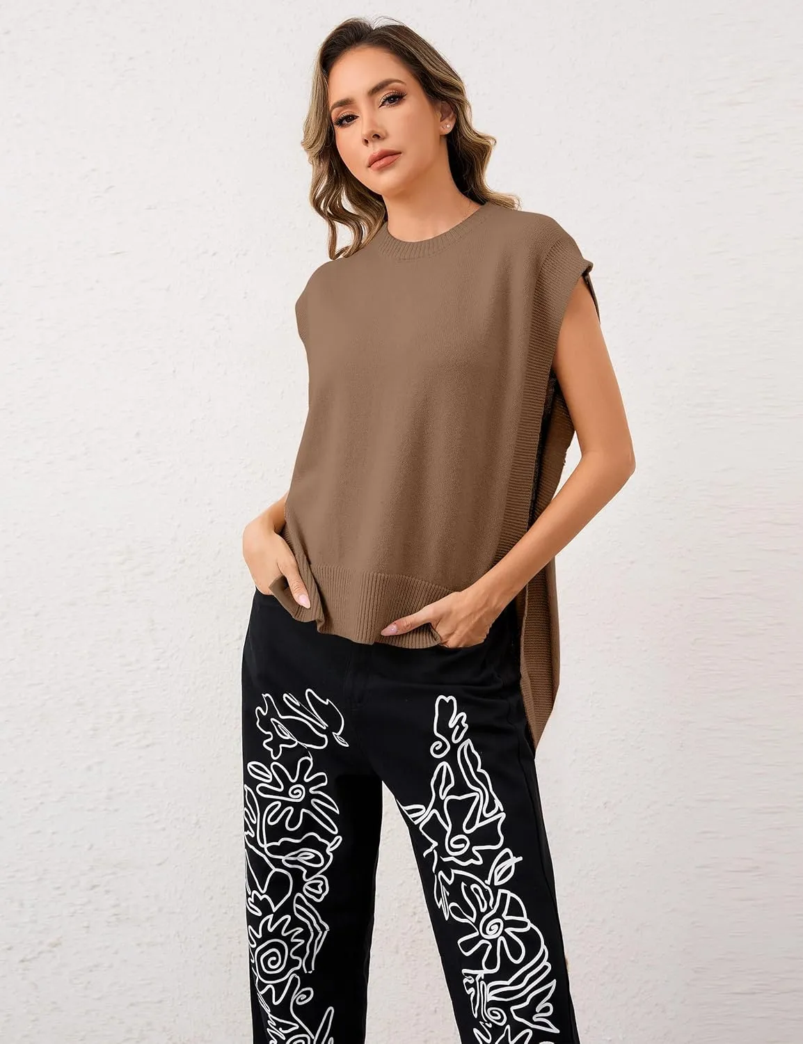 MISSACTIVER Women Oversized Round Neck Sleeveless Sweater Vest Knit High Low Hem Side Tie Solid Color Pullover Tank Tops