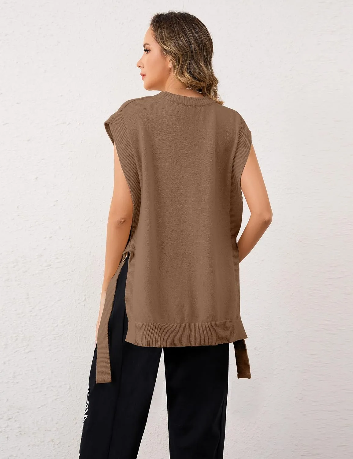 MISSACTIVER Women Oversized Round Neck Sleeveless Sweater Vest Knit High Low Hem Side Tie Solid Color Pullover Tank Tops