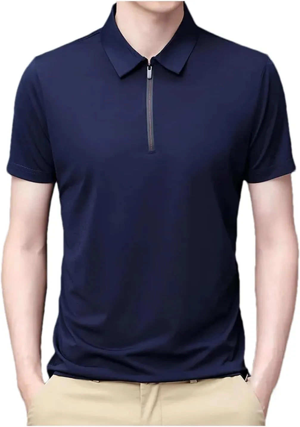 Mnjyihy Men Summer Short Sleeve Polo Shirt Solid Thin Zipper Collar Business Slim Quick-Dry Casual Golf T-Shirt