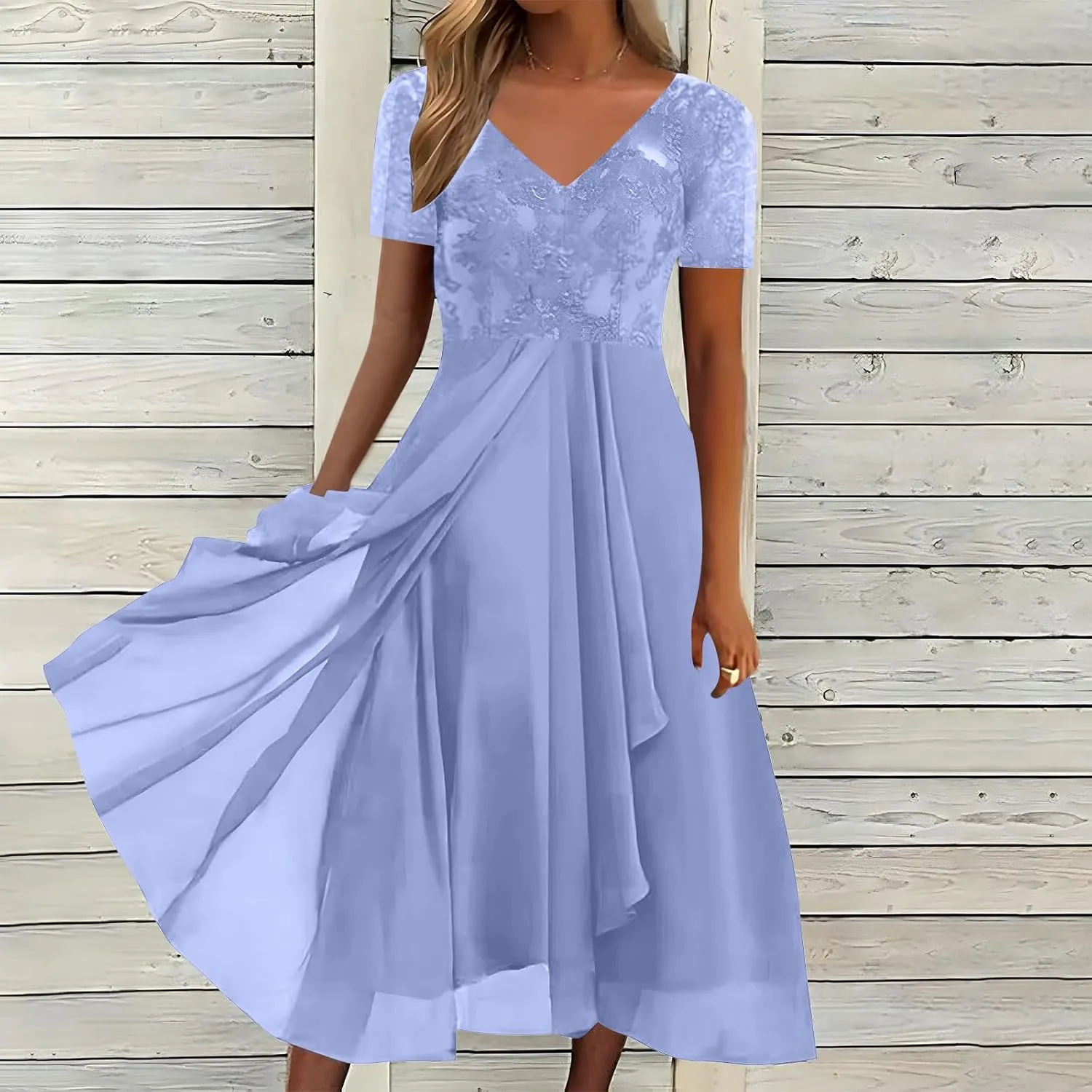 Mother of The Bride Dresses for Women Short Sleeve V-Neck Lace Chiffon Flowy Wedding Guest Dress Formal Evening Gown