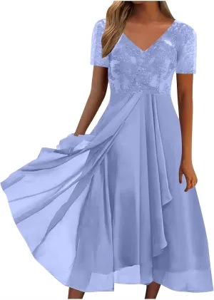 Mother of The Bride Dresses for Women Short Sleeve V-Neck Lace Chiffon Flowy Wedding Guest Dress Formal Evening Gown
