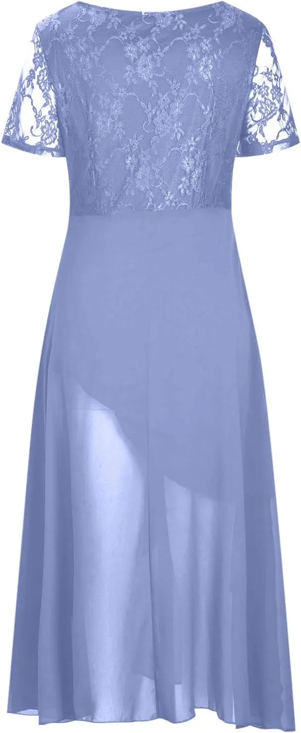 Mother of The Bride Dresses for Women Short Sleeve V-Neck Lace Chiffon Flowy Wedding Guest Dress Formal Evening Gown