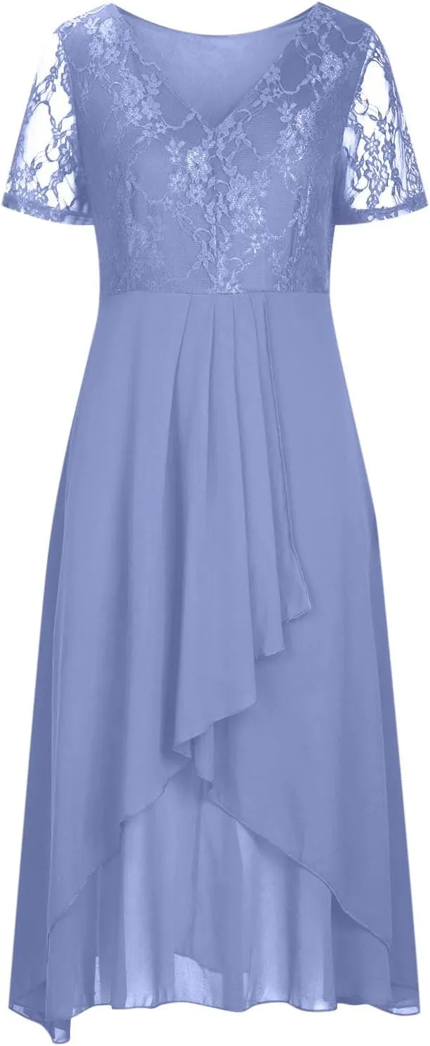 Mother of The Bride Dresses for Women Short Sleeve V-Neck Lace Chiffon Flowy Wedding Guest Dress Formal Evening Gown