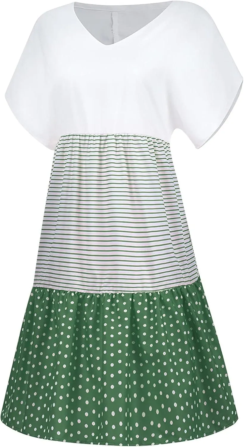 NaRHbrg Women's Casual V Neck Loose Fit Patchwork Dress Short Sleeve Boho Striped Polka Dot Summer Swing Dresses Sundress