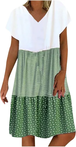 NaRHbrg Women's Casual V Neck Loose Fit Patchwork Dress Short Sleeve Boho Striped Polka Dot Summer Swing Dresses Sundress