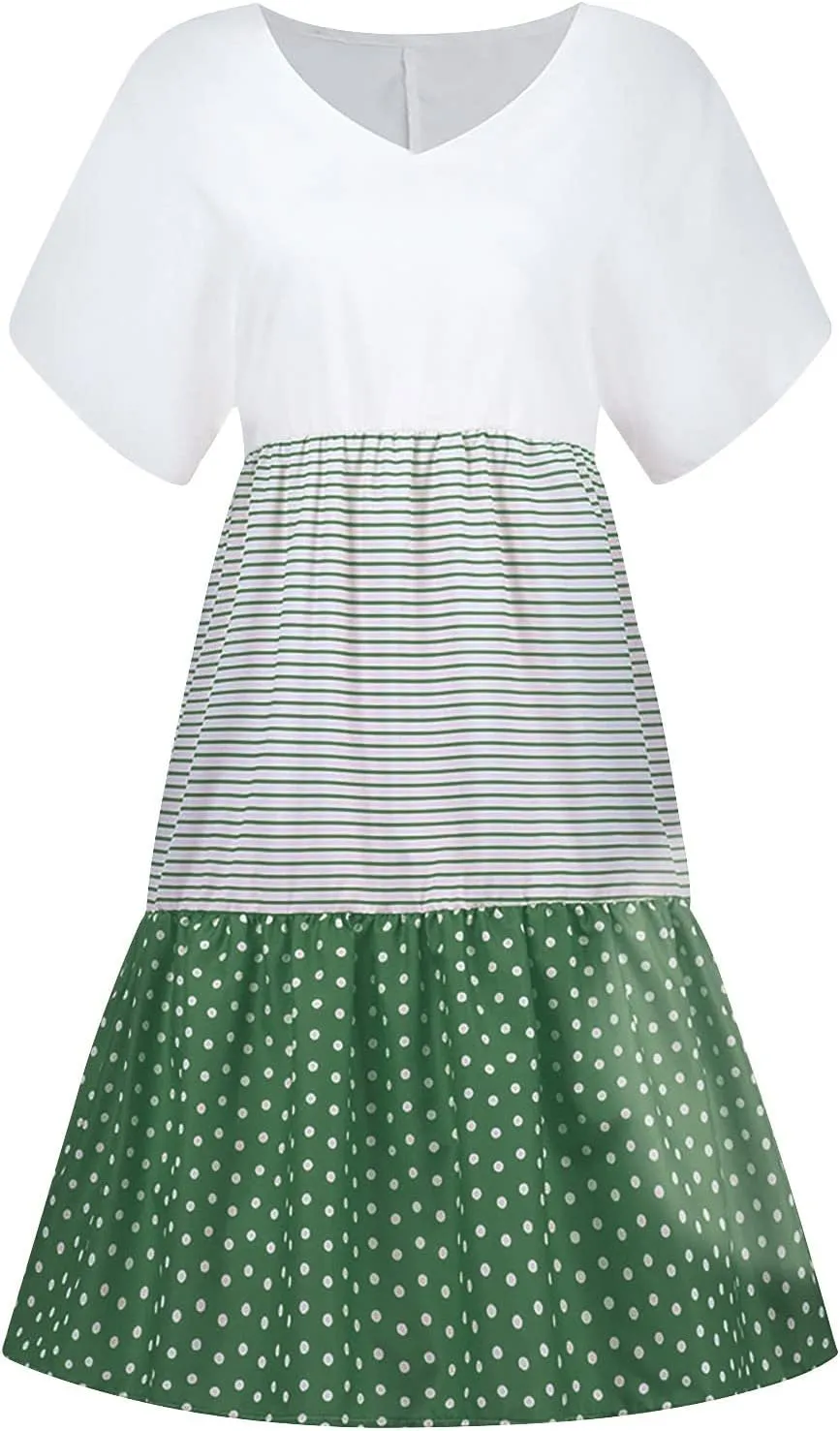 NaRHbrg Women's Casual V Neck Loose Fit Patchwork Dress Short Sleeve Boho Striped Polka Dot Summer Swing Dresses Sundress