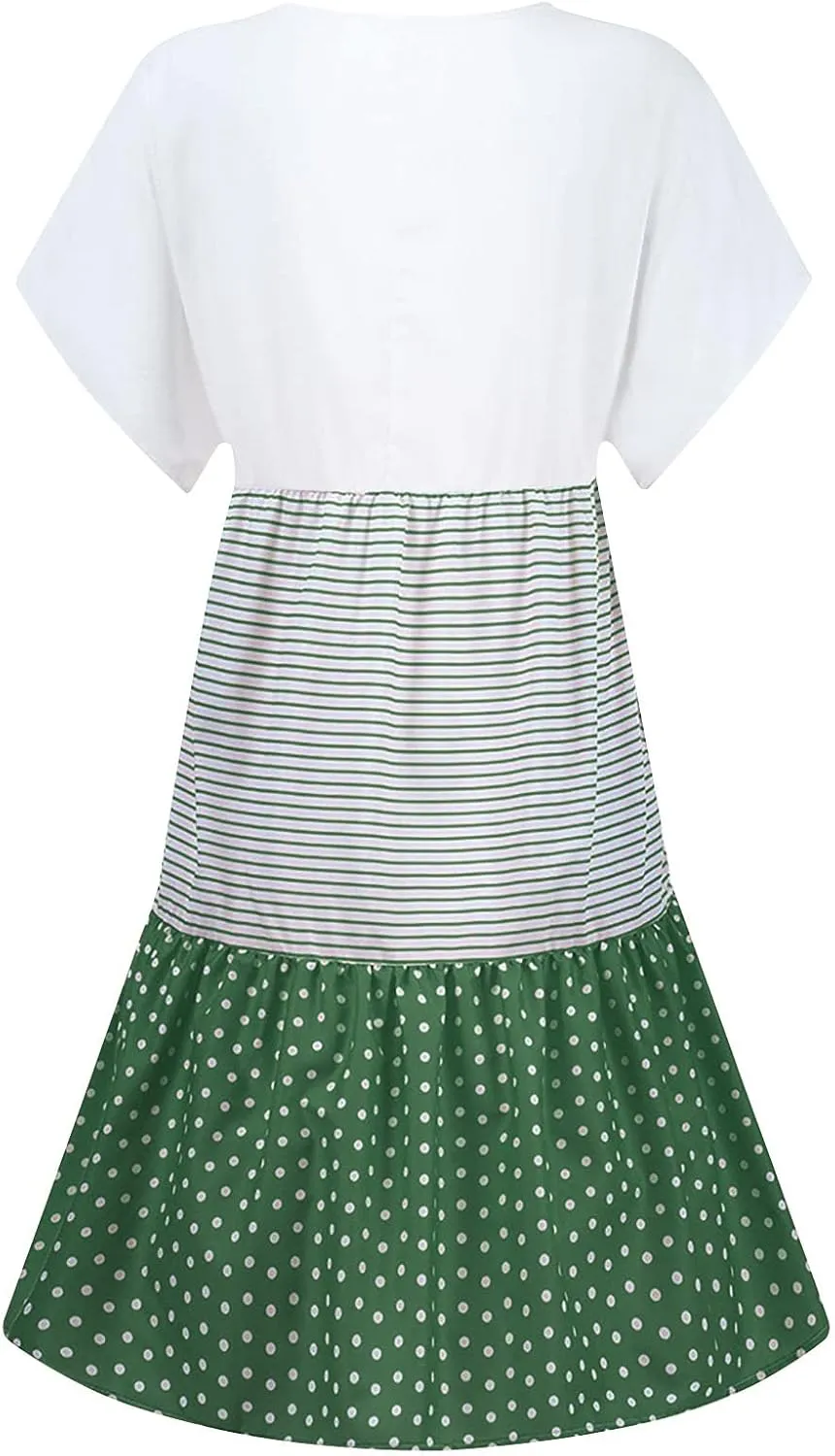 NaRHbrg Women's Casual V Neck Loose Fit Patchwork Dress Short Sleeve Boho Striped Polka Dot Summer Swing Dresses Sundress
