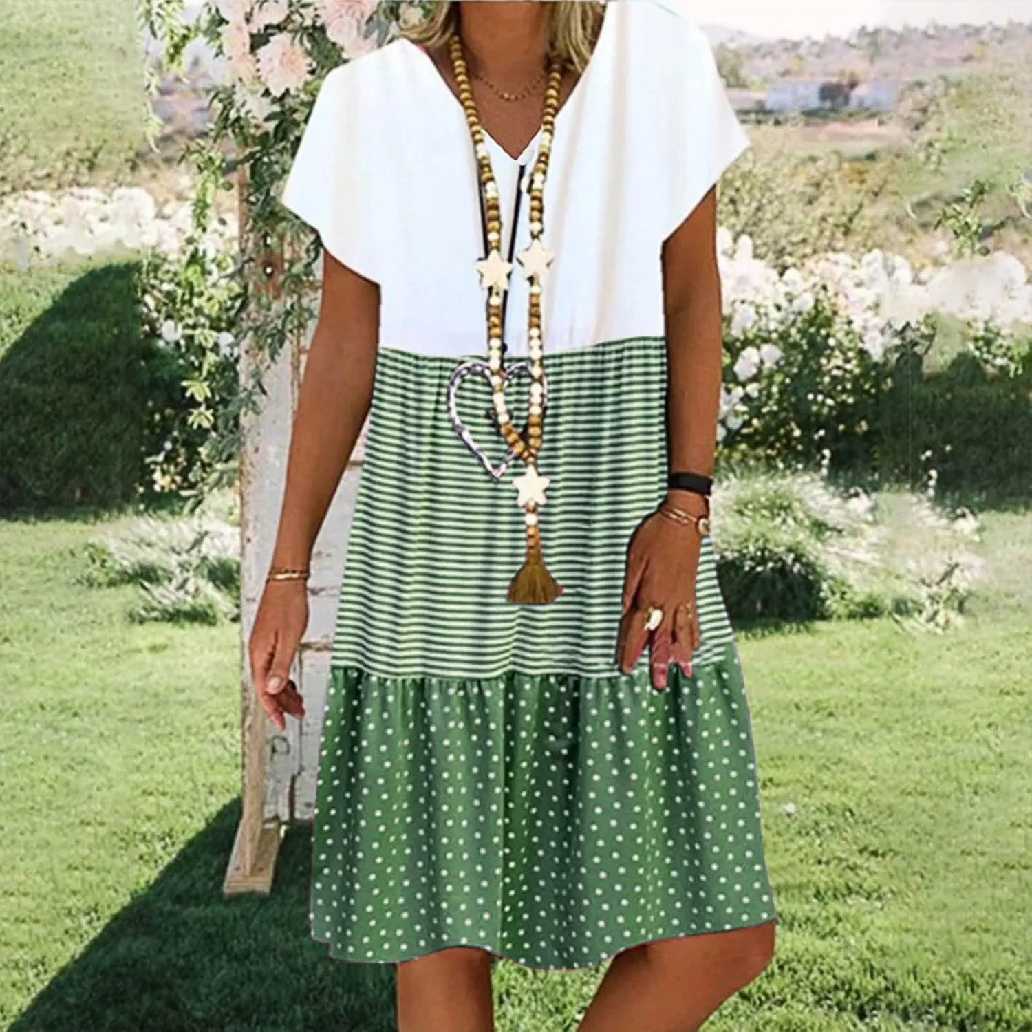 NaRHbrg Women's Casual V Neck Loose Fit Patchwork Dress Short Sleeve Boho Striped Polka Dot Summer Swing Dresses Sundress
