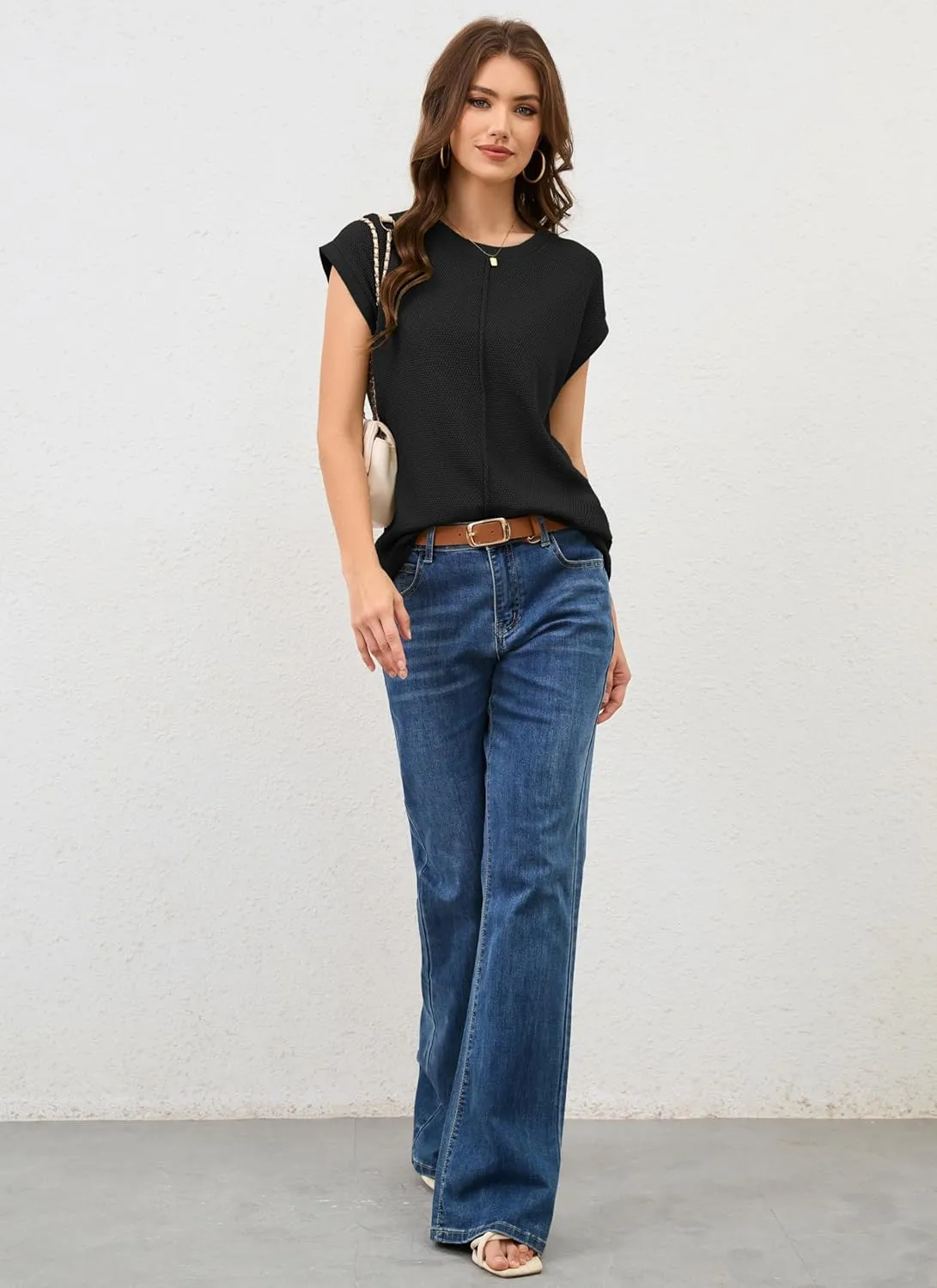 Neweek Womens Summer Cap Sleeve Tops Casual Crew Neck Sleeveless Knit Sweater Vest Loose Fit Lightweight Pullover Tank Tops