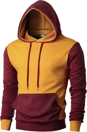 Ohoo Mens Color-Block Hooded Sweatshirt with Kangaroo Pocket Slim Fit Lightweight Pullover