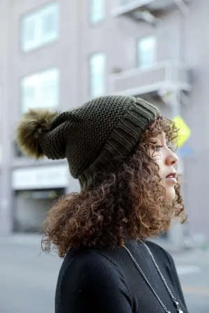 Olive Pom Beanie Sherpa Lined