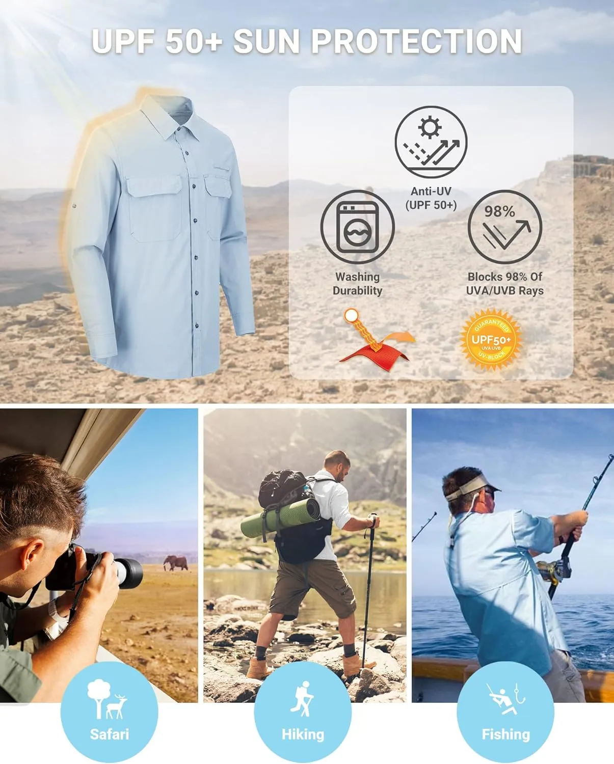 Outdoor Ventures Men's UPF 50  UV Sun Protection Shirt, Long Sleeve Hiking Fishing Shirt Cooling Quick Dry for Safari Travel