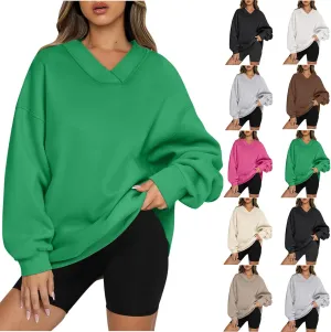 Oversized Fleece Sweatshirts For Women Trendy 2024 Long Sleeve v Neck Pullover Tops Casual Loose Solid Fall Clothes