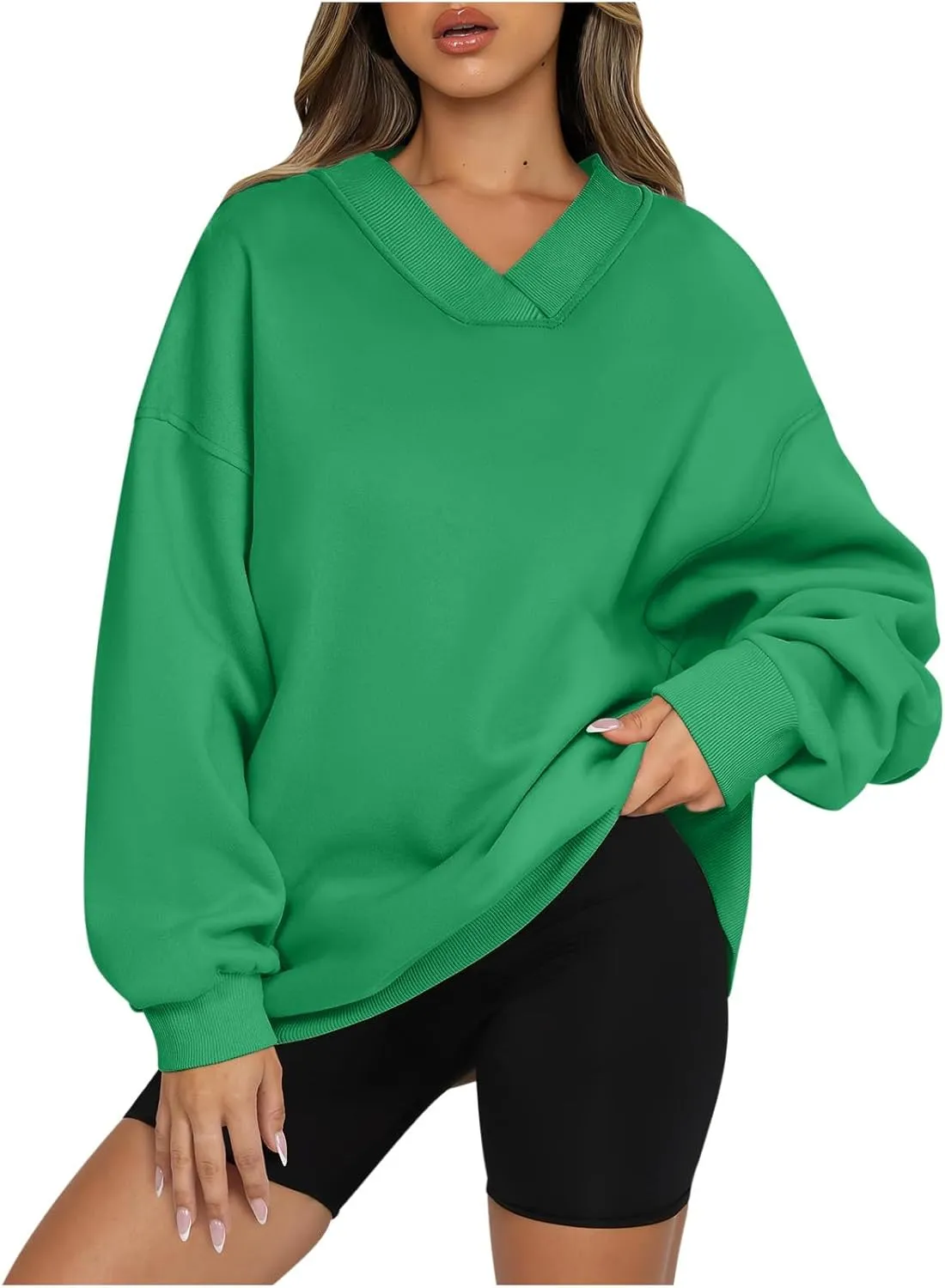 Oversized Fleece Sweatshirts For Women Trendy 2024 Long Sleeve v Neck Pullover Tops Casual Loose Solid Fall Clothes