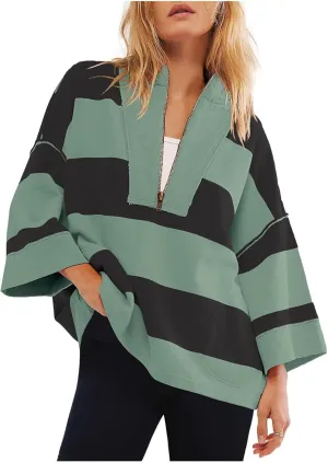 Oversized Half Zip Pullover Women Baggy Drop Shoulder Striped Sweatshirts Trendy Y2K Sweatshirt Fall Outfits w/Pocket