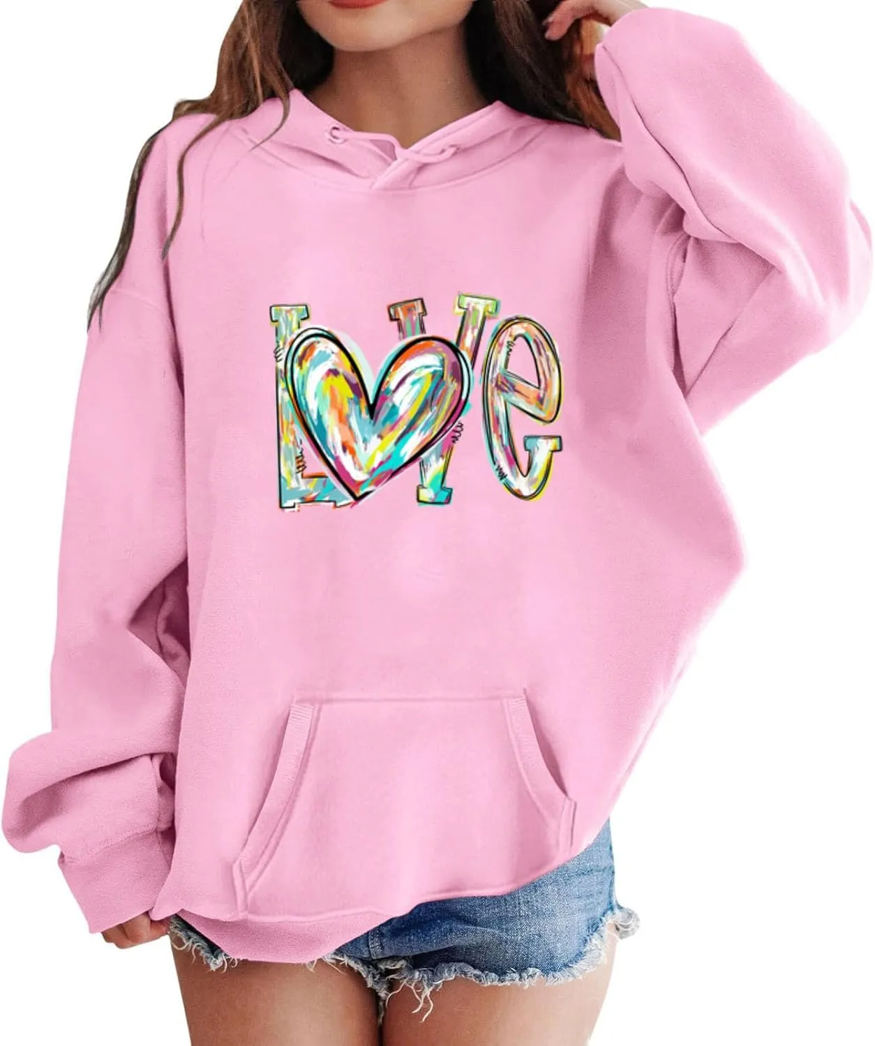 Oversized Hooded Sweatshirts for Teen Girls Cute Hoodies with Pockets Heart Print Graphic Pullover Shirts Tops