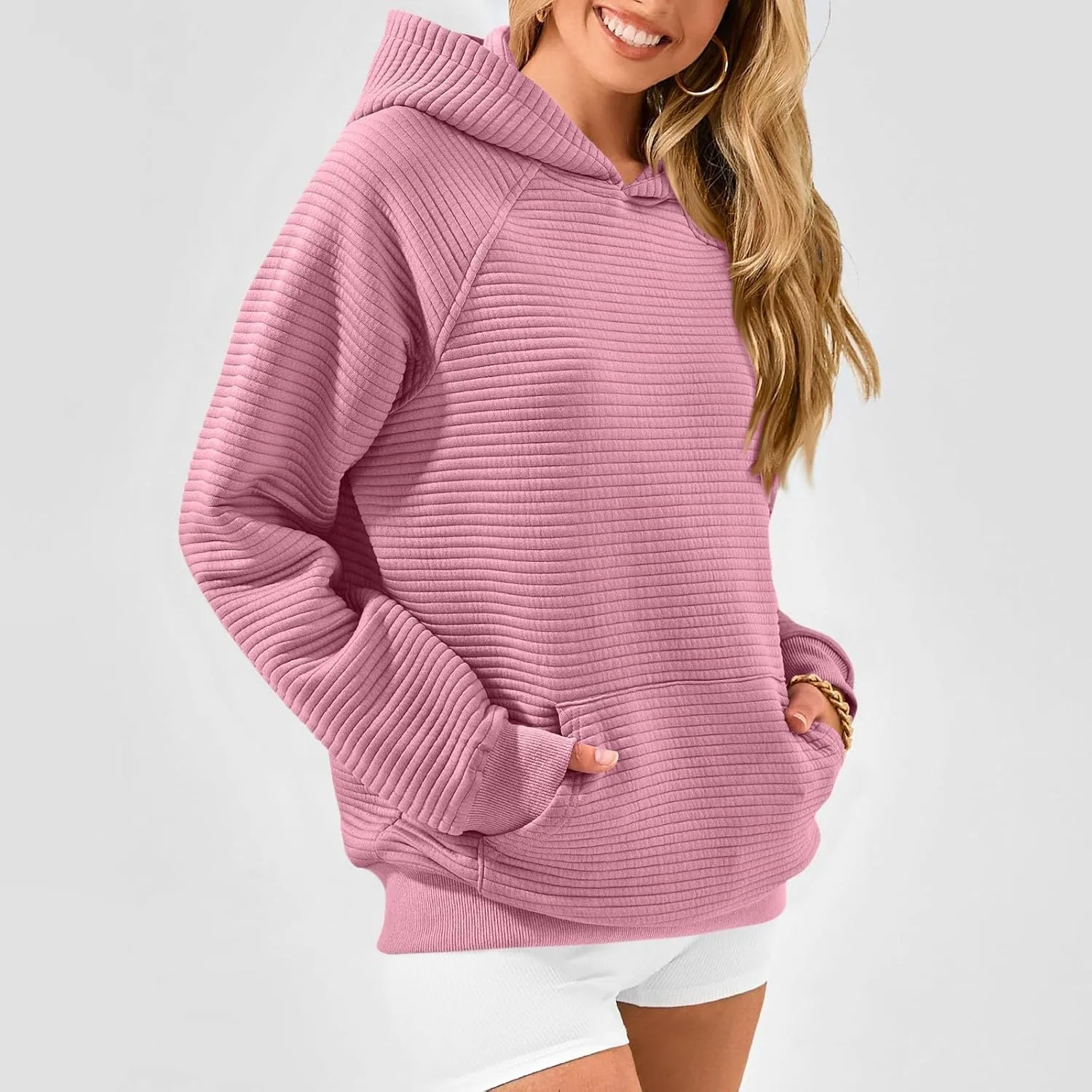Oversized Hoodie for Women Cute Quilted Hooded Sweatshirt Casual Long Sleeve Pullover Tops with Pocket Travel Outfits