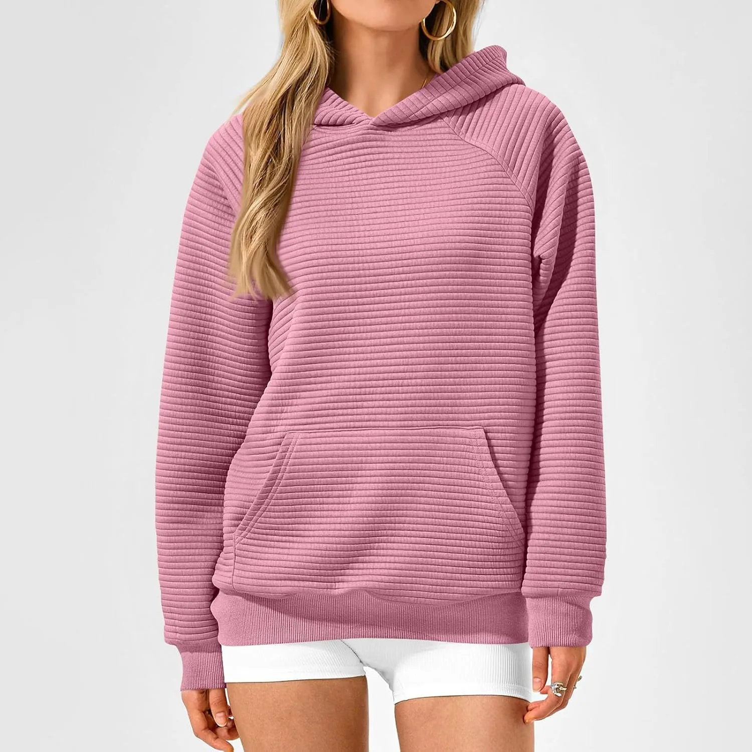 Oversized Hoodie for Women Cute Quilted Hooded Sweatshirt Casual Long Sleeve Pullover Tops with Pocket Travel Outfits