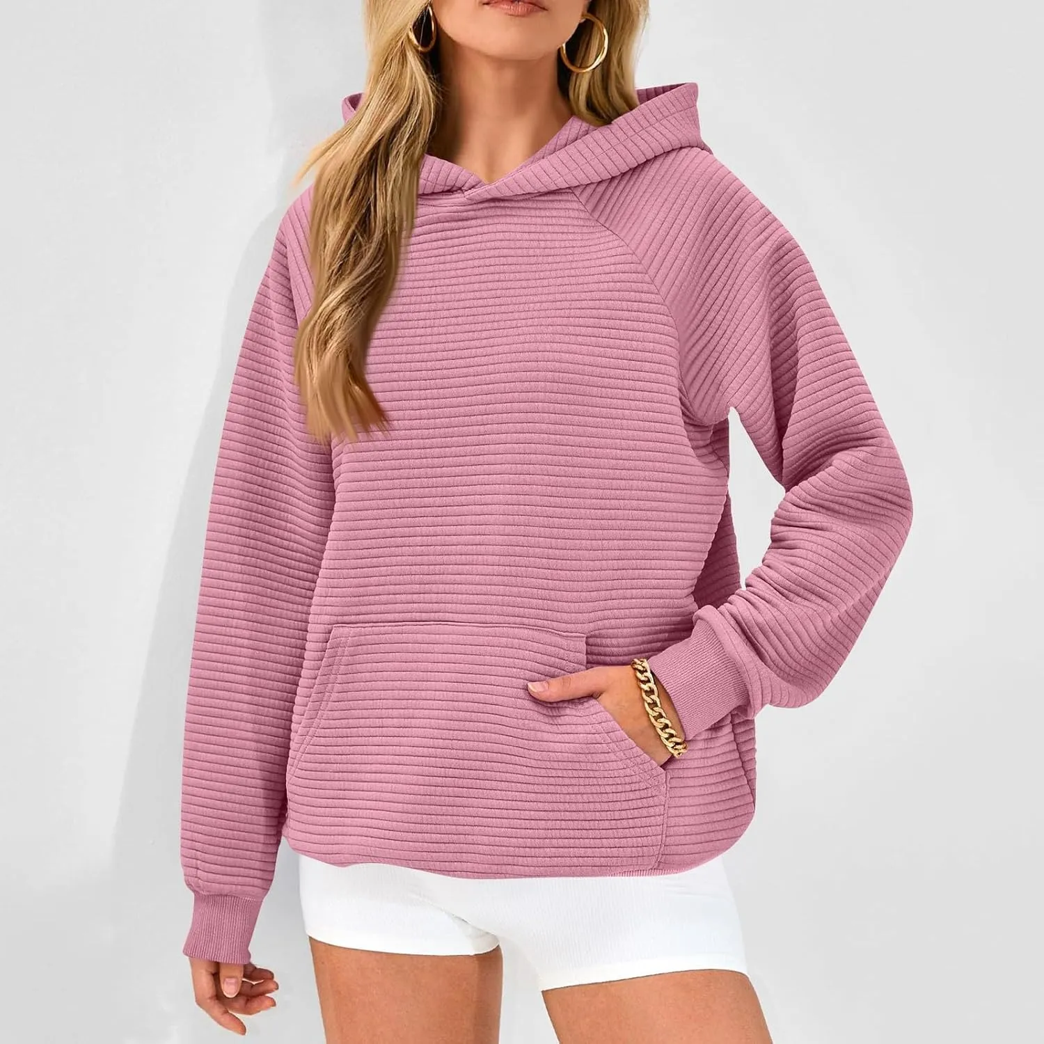 Oversized Hoodie for Women Cute Quilted Hooded Sweatshirt Casual Long Sleeve Pullover Tops with Pocket Travel Outfits