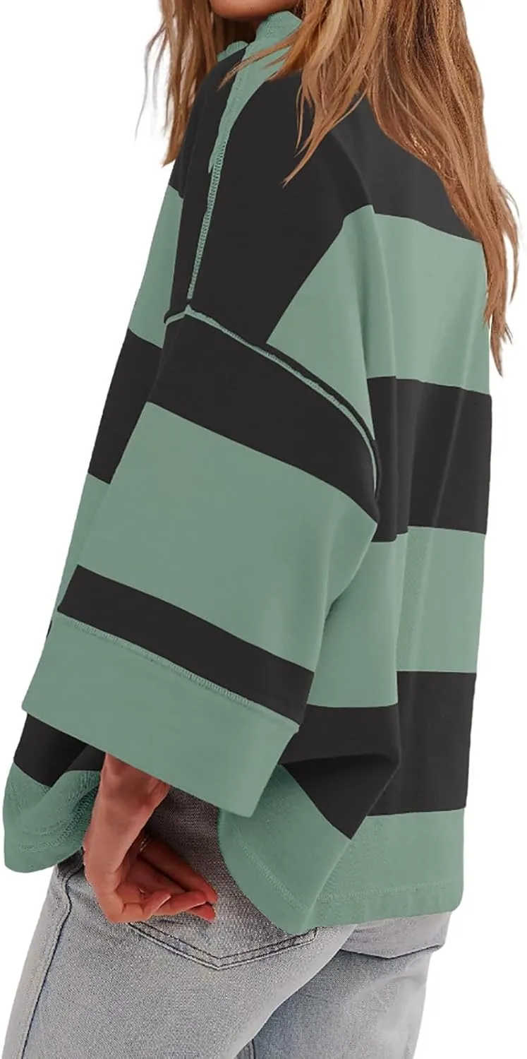 Oversized Striped Long Sleeve Sweatshirts For Women Half Zip Casual Loose Pullover Hoodies Fall Tops With Pockets