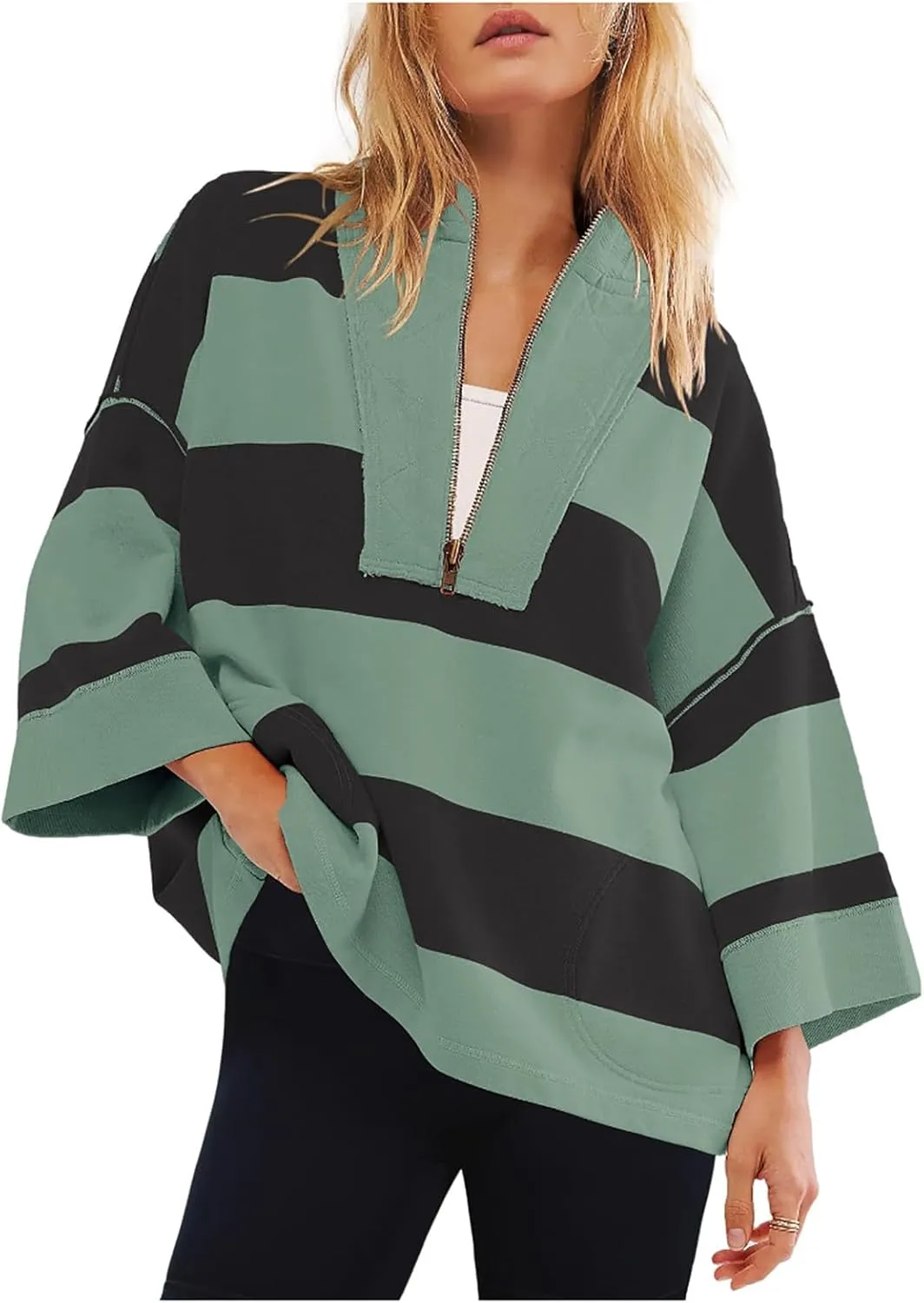 Oversized Striped Long Sleeve Sweatshirts For Women Half Zip Casual Loose Pullover Hoodies Fall Tops With Pockets