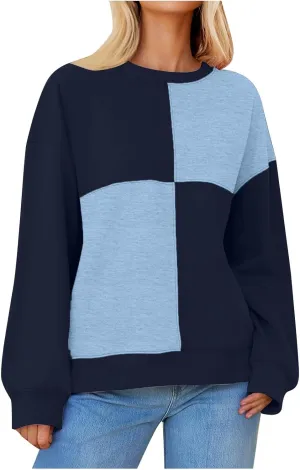 Oversized Sweatshirt For Women Cute Long Sleeve Creweck Color Block Pullover Tops Teen Girls Fall Fashion Outfits
