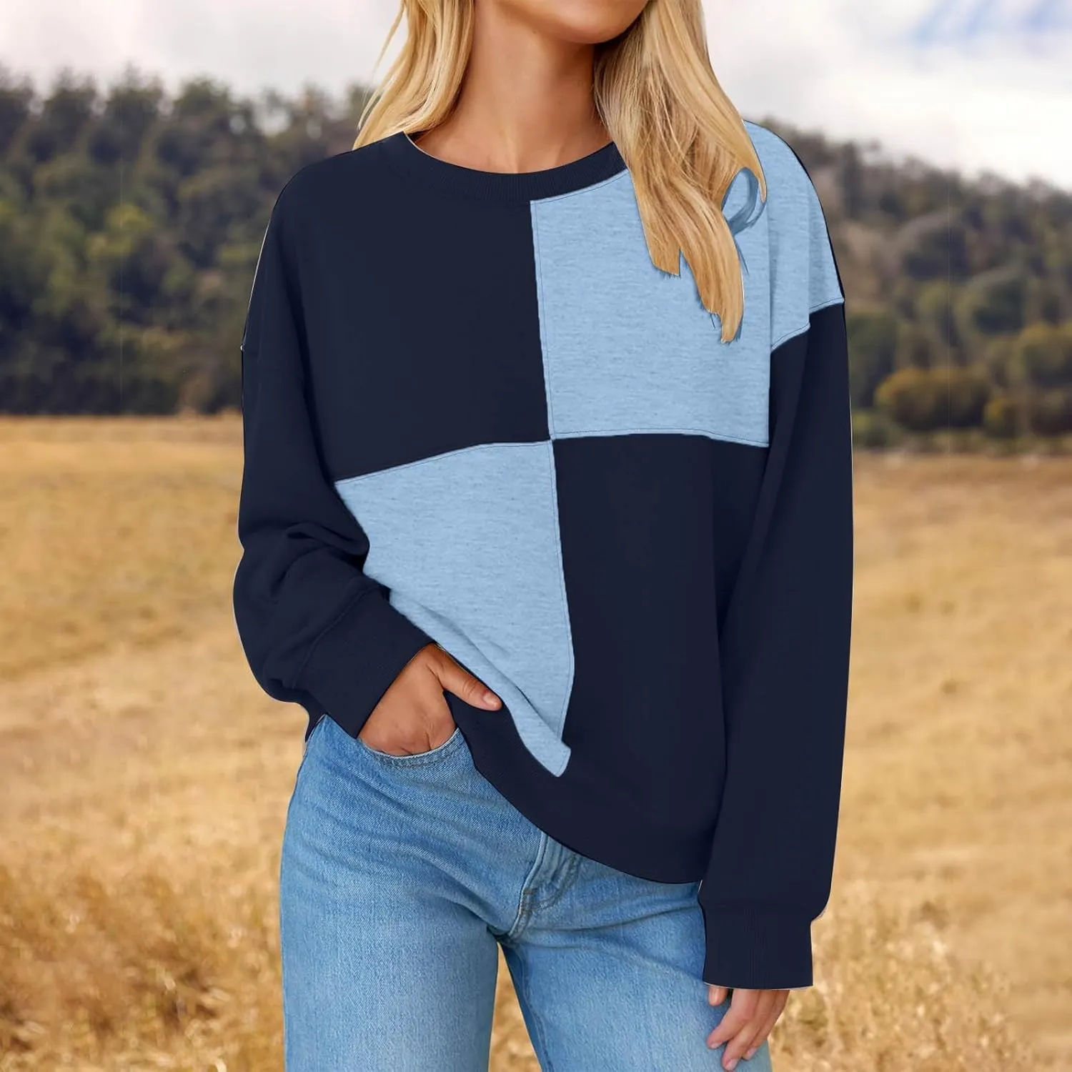 Oversized Sweatshirt For Women Cute Long Sleeve Creweck Color Block Pullover Tops Teen Girls Fall Fashion Outfits