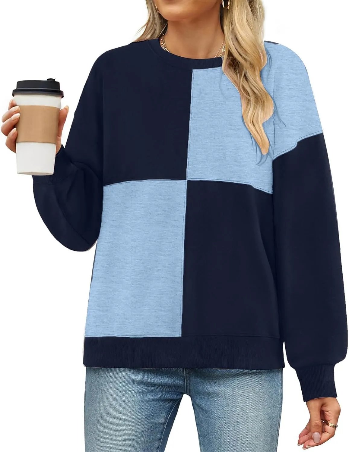 Oversized Sweatshirt For Women Cute Long Sleeve Creweck Color Block Pullover Tops Teen Girls Fall Fashion Outfits