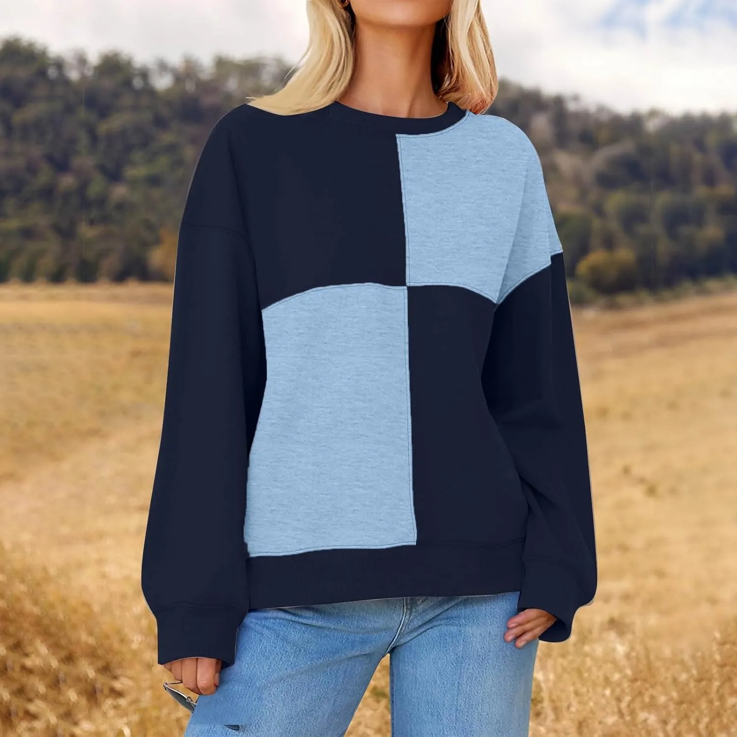 Oversized Sweatshirt For Women Cute Long Sleeve Creweck Color Block Pullover Tops Teen Girls Fall Fashion Outfits