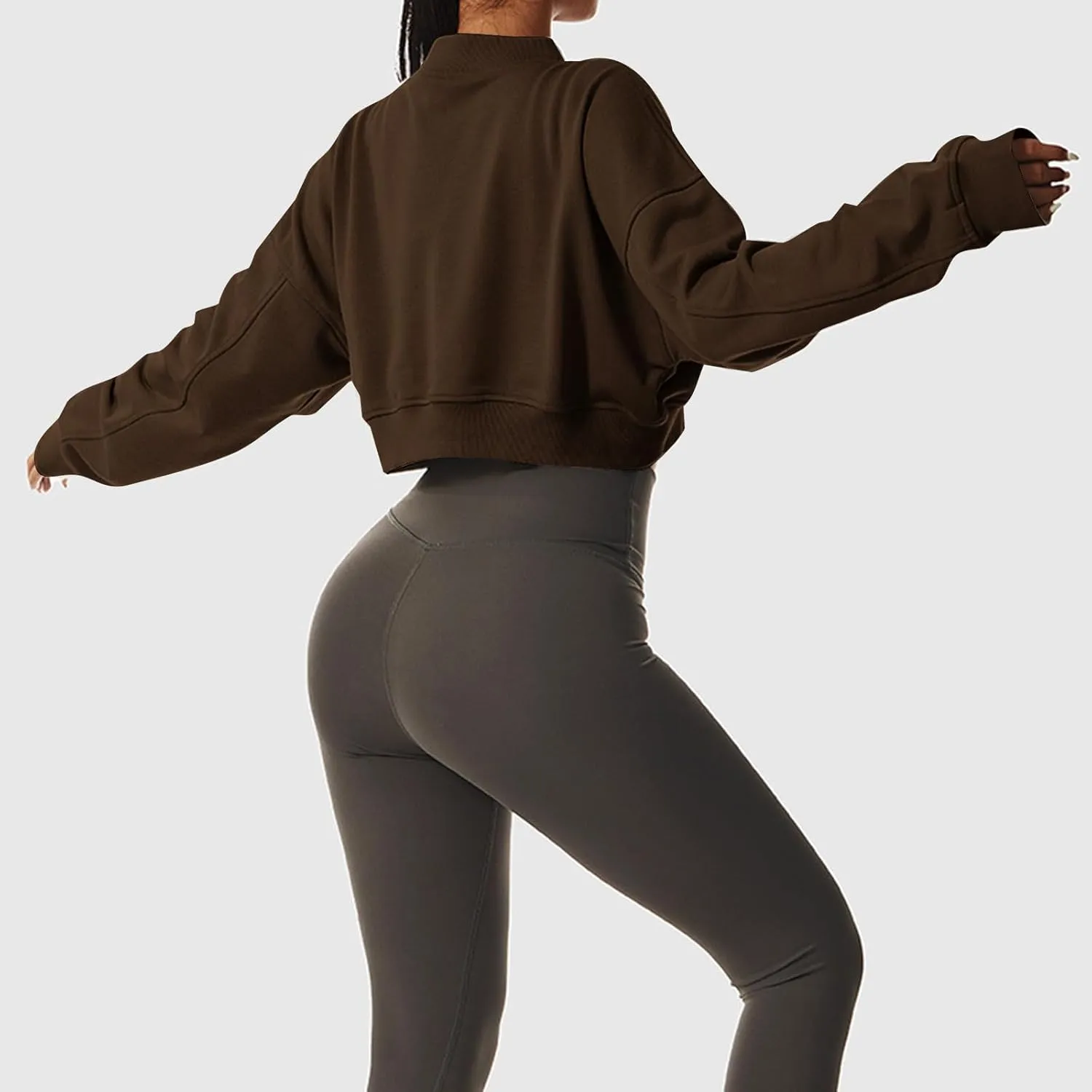 Oversized Sweatshirt Women Loose Fit v Neck Fleece Lined Cropped Shirts Drop Sleeve Solid Pullover Hoodies No Hood