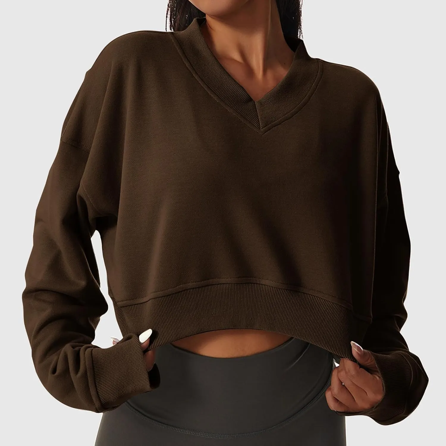 Oversized Sweatshirt Women Loose Fit v Neck Fleece Lined Cropped Shirts Drop Sleeve Solid Pullover Hoodies No Hood