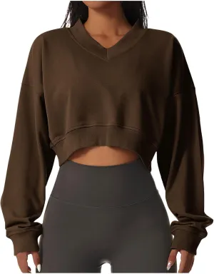 Oversized Sweatshirt Women Loose Fit v Neck Fleece Lined Cropped Shirts Drop Sleeve Solid Pullover Hoodies No Hood