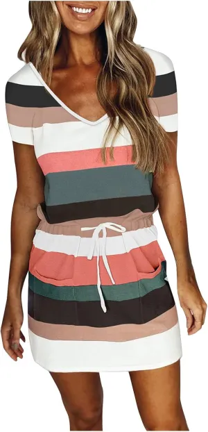 Petite Dresses for Women 2025 Summer Drawstring Waist Stripes Dress Casual Short Sleeve V Neck Mini Dress with Pocket