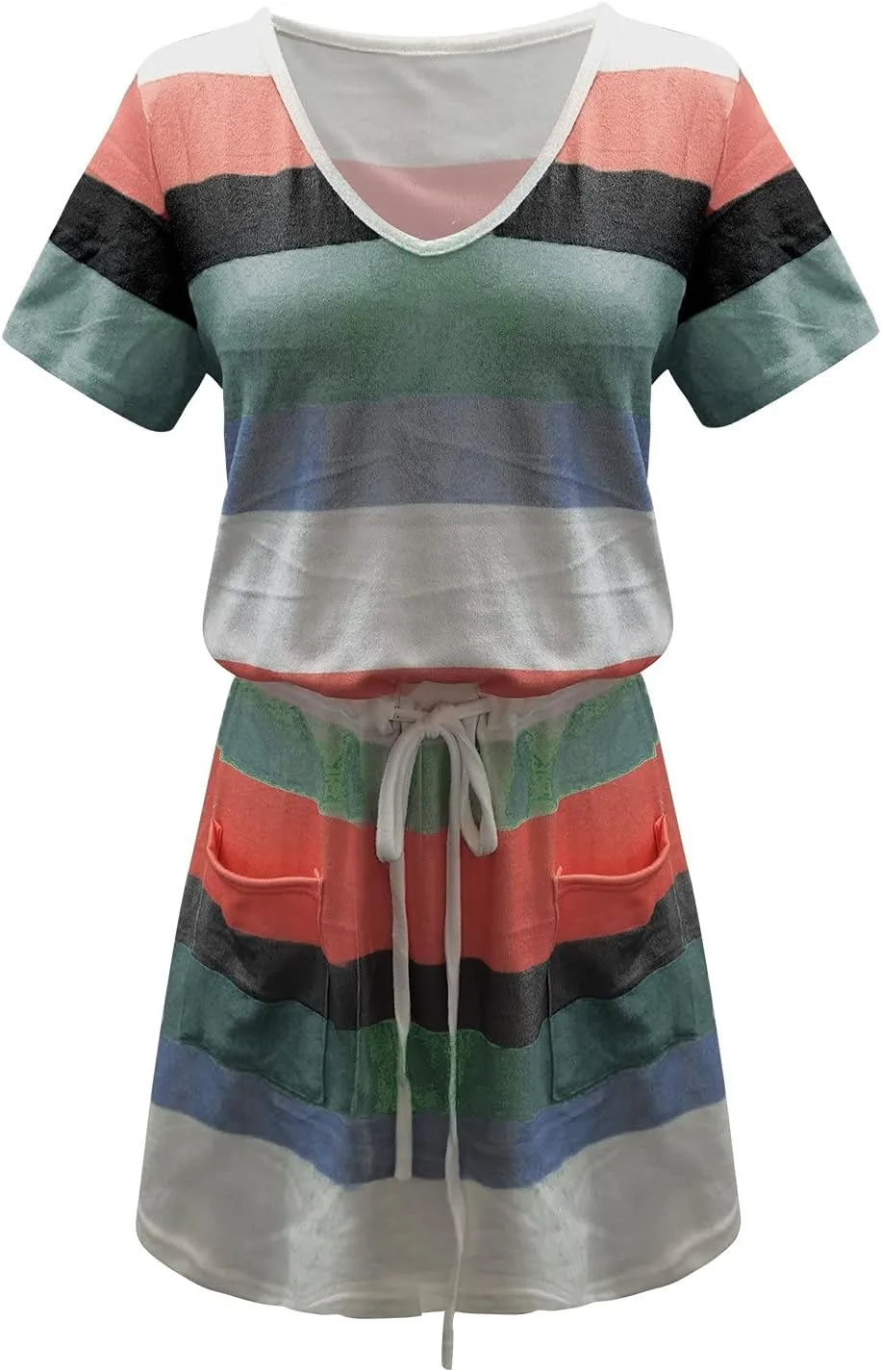 Petite Dresses for Women 2025 Summer Drawstring Waist Stripes Dress Casual Short Sleeve V Neck Mini Dress with Pocket
