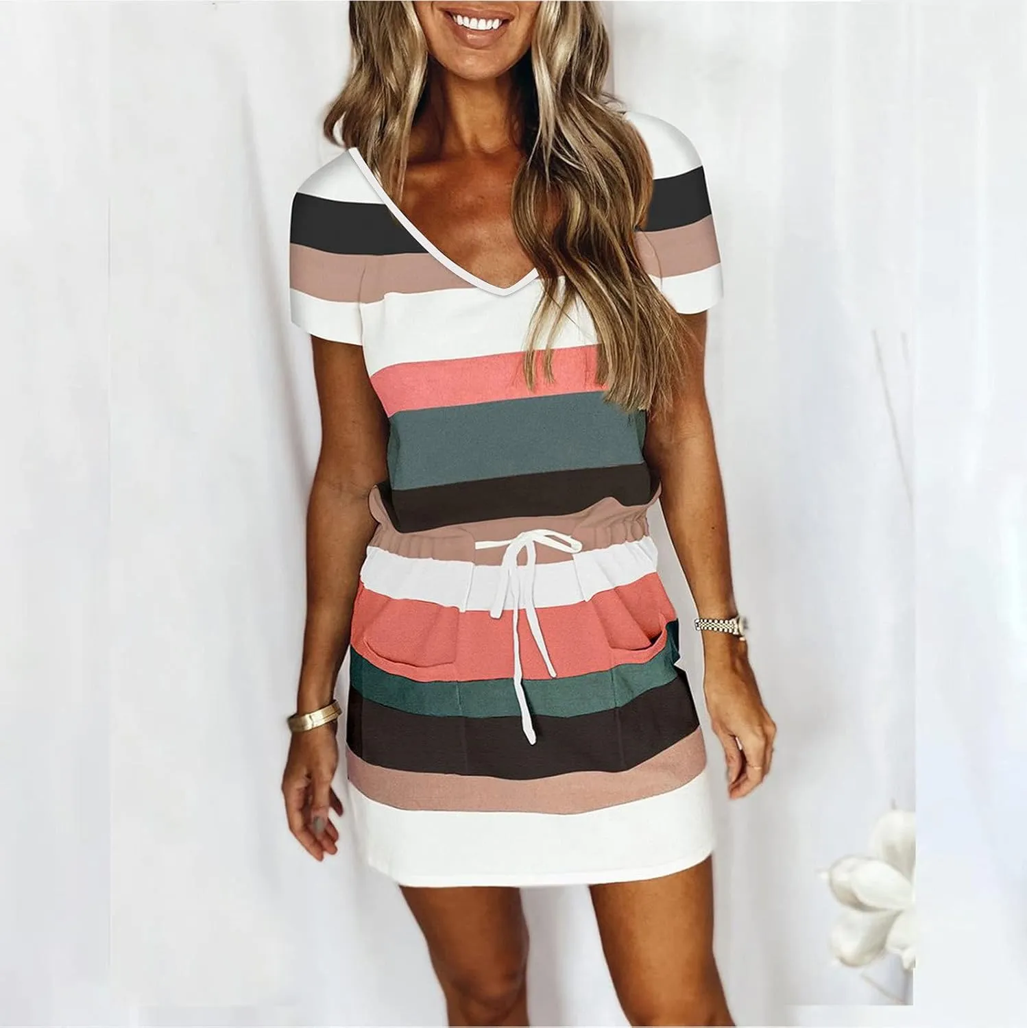 Petite Dresses for Women 2025 Summer Drawstring Waist Stripes Dress Casual Short Sleeve V Neck Mini Dress with Pocket